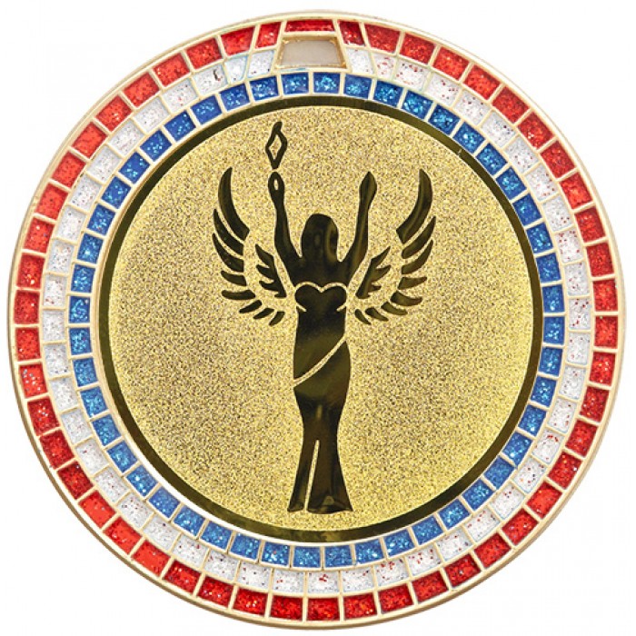 VICTORY STATUE RED,WHITE AND BLUE GEM MEDAL - 70MM -GOLD